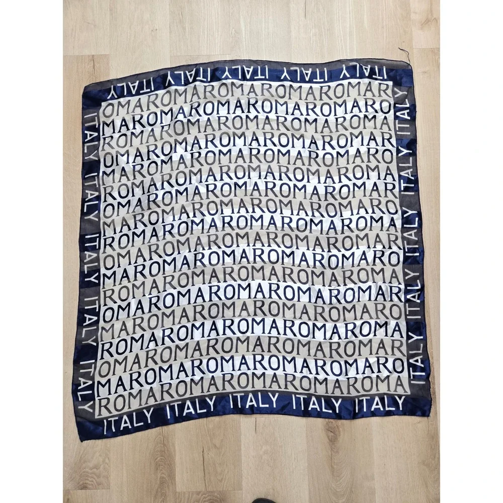 Vintage Roma Italy Souvenir Square Scarf Navy Blue White Typographic Print 38x38